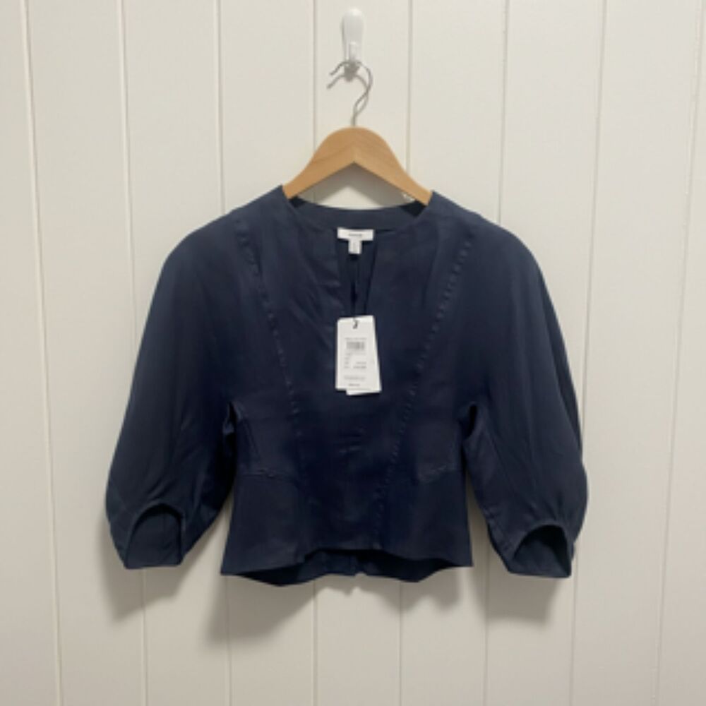 NWT Reiss London navy remi linen balloon sleeve peplum Top  V-neck  size 4